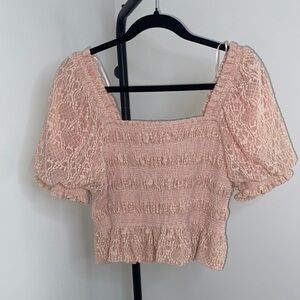 Free the Roses Lace Puff Sleeve Blouse - Soft Pink